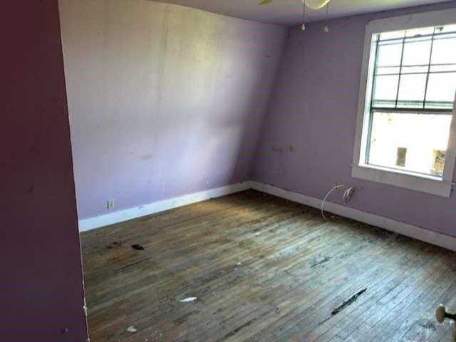 empty room featuring ceiling fan, baseboards, and hardwood / wood-style floors