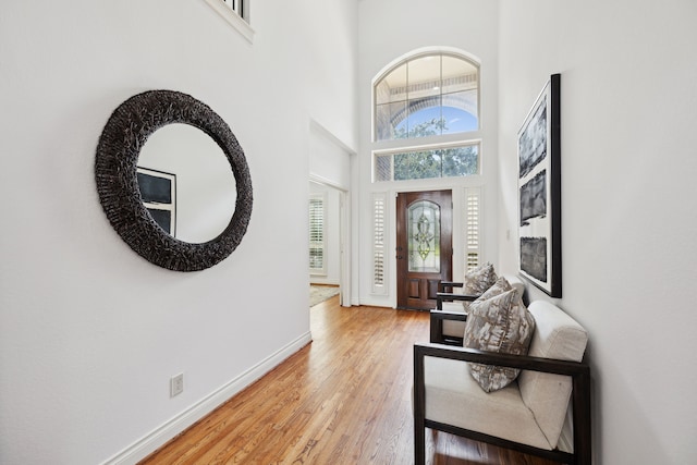 entryway featuring baseboards, a high ceiling, and light wood finished floors
