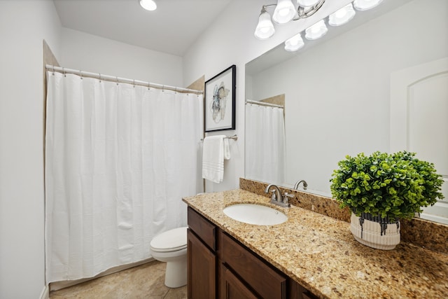 full bath with vanity, tile patterned flooring, toilet, and curtained shower