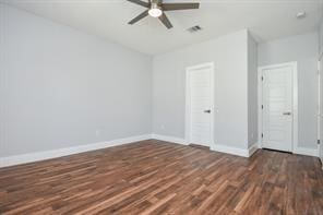 8926 Easthaven Blvd, Houston, TX 77075 - unfurnished bedroom with wood finished floors, visible vents, a ceiling fan, and baseboards