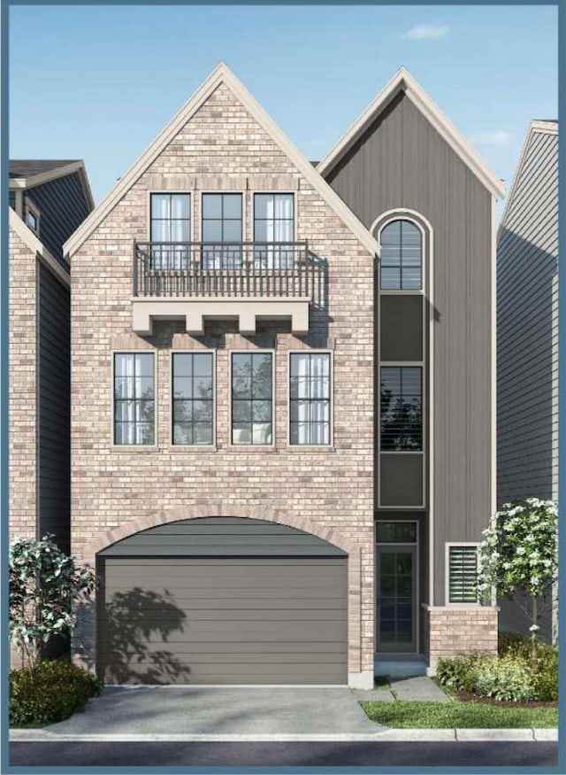 view of front of home with brick siding and a balcony