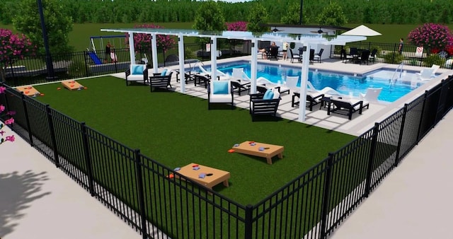 community pool with a lawn, a forest view, and fence