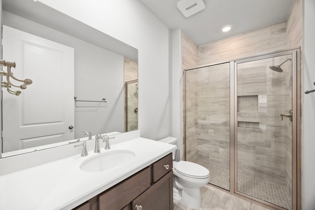 28928 Autumn Shore Dr, Fulshear, TX 77441 - bathroom with a stall shower, toilet, vanity, and recessed lighting