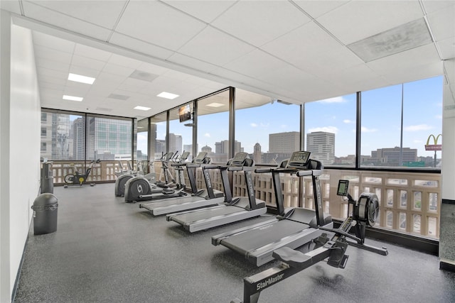 exercise room featuring a wealth of natural light, expansive windows, and a paneled ceiling
