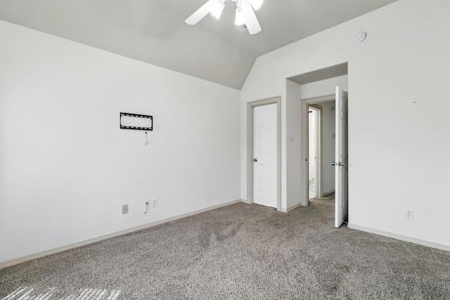 16311 Perry Pass Ct, Spring, TX 77379 - unfurnished bedroom featuring carpet, baseboards, lofted ceiling, and a ceiling fan
