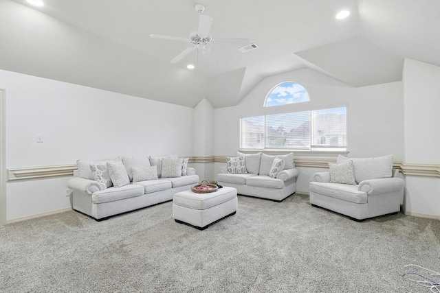 16311 Perry Pass Ct, Spring, TX 77379 - carpeted living area with lofted ceiling, a ceiling fan, recessed lighting, and baseboards