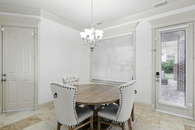 16311 Perry Pass Ct, Spring, TX 77379 - dining area with a chandelier, baseboards, light tile patterned floors, and crown molding