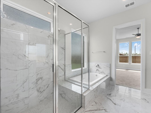 bathroom with a bath, ceiling fan, visible vents, and a marble finish shower