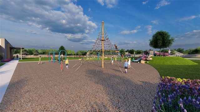 community jungle gym with a yard