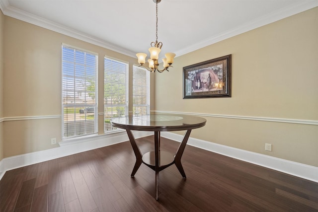 514 Whitney Oaks Ln, Stafford, TX 77477 - unfurnished dining area with baseboards, dark wood-style floors, a chandelier, and crown molding