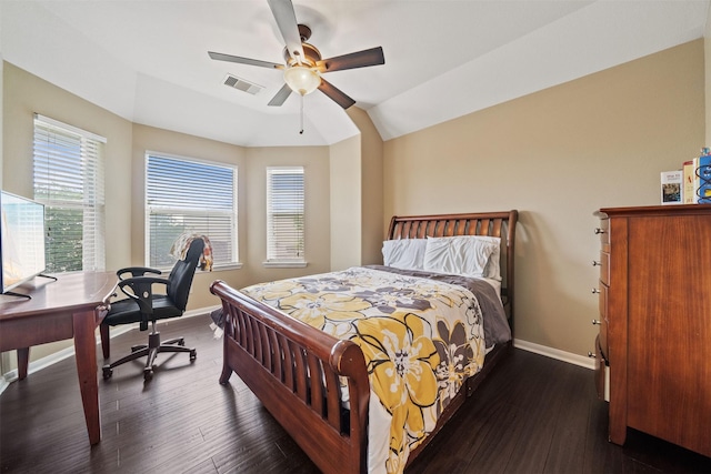 514 Whitney Oaks Ln, Stafford, TX 77477 - bedroom with dark wood-style floors, ceiling fan, baseboards, lofted ceiling, and visible vents