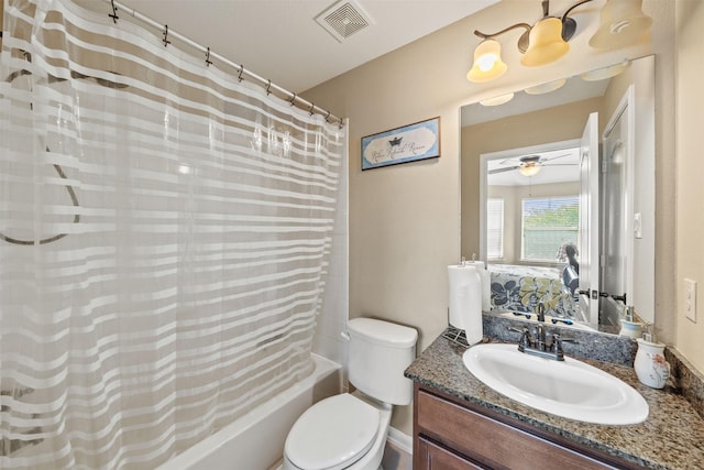 514 Whitney Oaks Ln, Stafford, TX 77477 - bathroom with toilet, vanity, shower / tub combo with curtain, ensuite bath, and visible vents