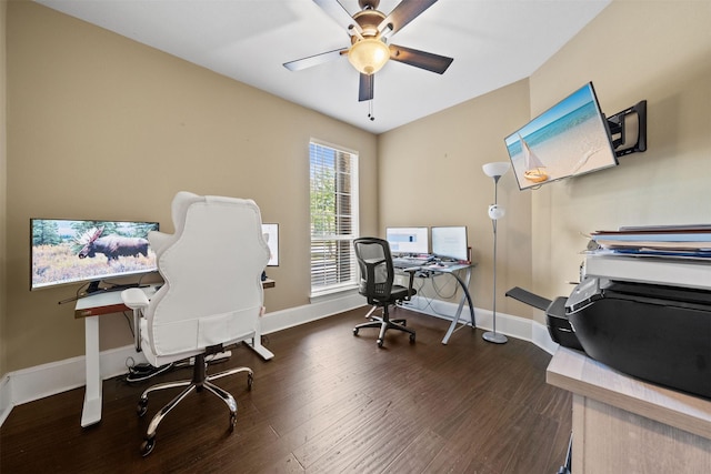 514 Whitney Oaks Ln, Stafford, TX 77477 - home office featuring wood finished floors, a ceiling fan, and baseboards