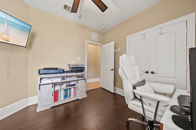514 Whitney Oaks Ln, Stafford, TX 77477 - office space with dark wood-type flooring, visible vents, baseboards, and ceiling fan