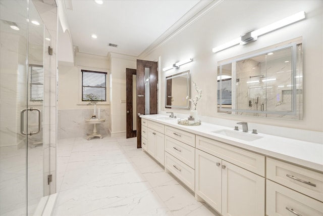 3822 Drummond St, Houston, TX 77025 - bathroom featuring ornamental molding, a marble finish shower, marble finish flooring, double vanity, and recessed lighting