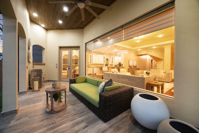 3822 Drummond St, Houston, TX 77025 - common area featuring a towering ceiling, wood ceiling, recessed lighting, and crown molding