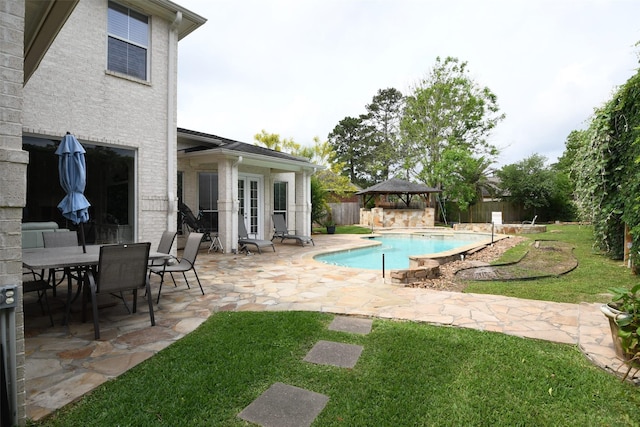 7414 Regency Pl, Spring, TX 77379 - view of pool with a patio, a fenced backyard, french doors, a fenced in pool, and a gazebo
