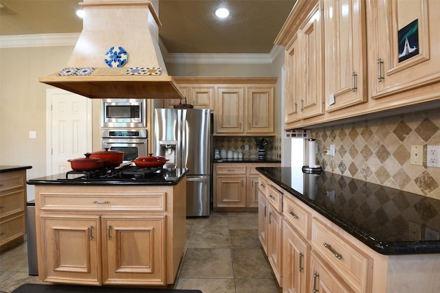 kitchen with crown molding, a center island, tasteful backsplash, custom range hood, and stainless steel appliances