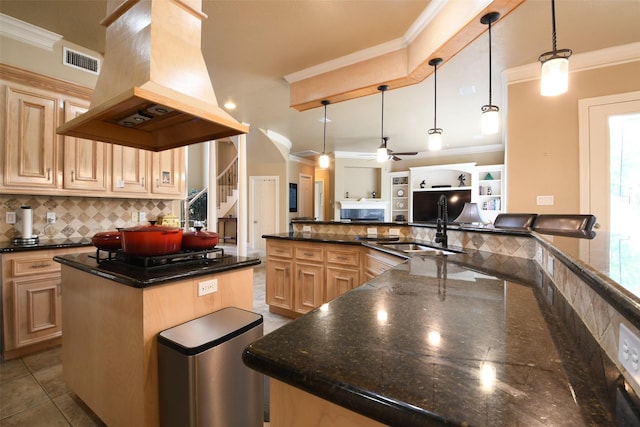 7414 Regency Pl, Spring, TX 77379 - kitchen with crown molding, open floor plan, a large island, island range hood, and visible vents