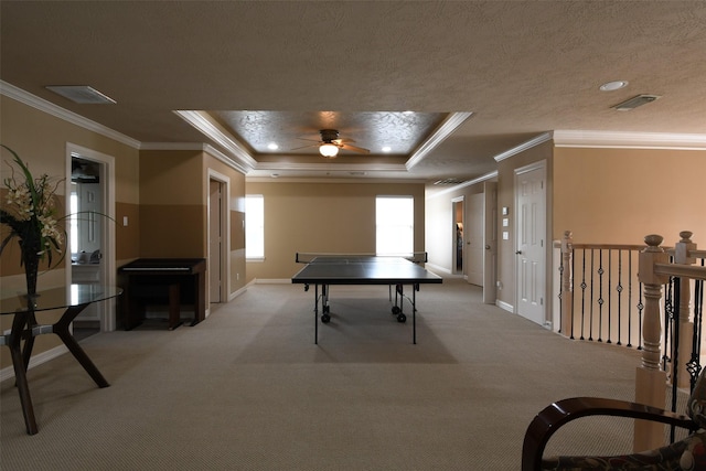 playroom featuring baseboards, light colored carpet, and ornamental molding