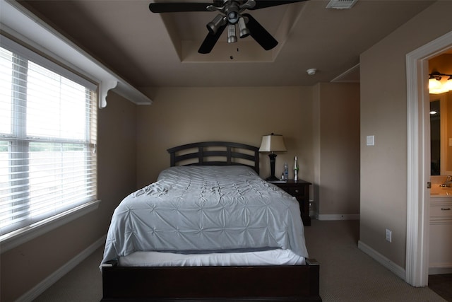 bedroom with carpet flooring, a ceiling fan, and baseboards