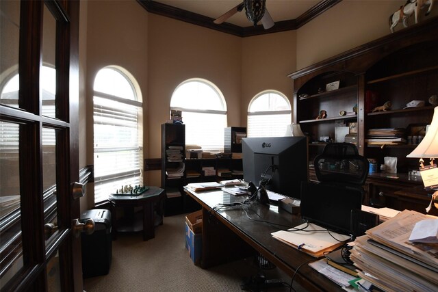 7414 Regency Pl, Spring, TX 77379 - carpeted office with crown molding and a ceiling fan