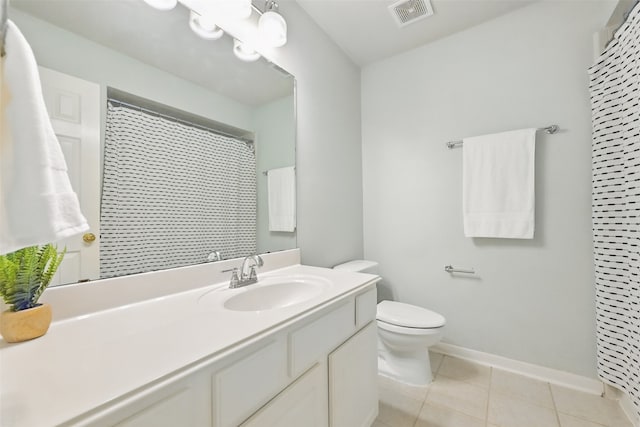 bathroom with tile patterned floors, visible vents, toilet, vanity, and baseboards