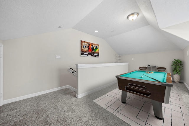 13611 Brookbluff Ln, Houston, TX 77077 - game room featuring a textured ceiling, baseboards, carpet, lofted ceiling, and billiards