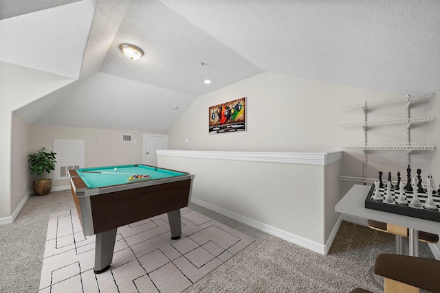 13611 Brookbluff Ln, Houston, TX 77077 - recreation room with carpet, vaulted ceiling, pool table, baseboards, and a textured ceiling