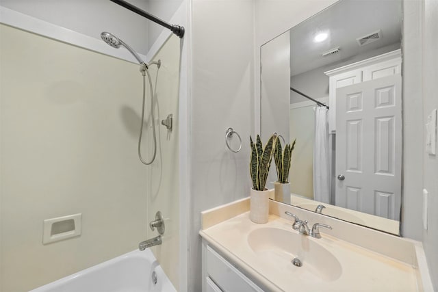 13611 Brookbluff Ln, Houston, TX 77077 - full bathroom with vanity, visible vents, and shower / bathtub combination with curtain