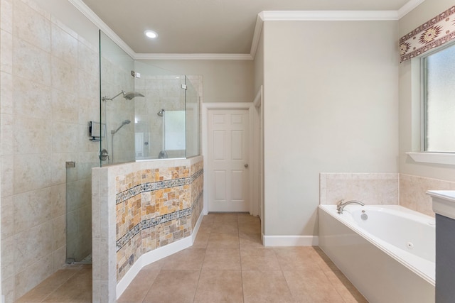 1614 Beau Rivage, Conroe, TX 77304 - bathroom with a stall shower, a bath, crown molding, tile patterned flooring, and baseboards