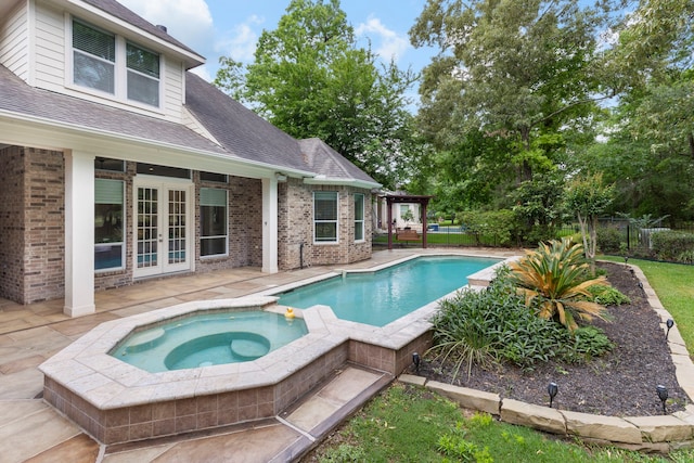 1614 Beau Rivage, Conroe, TX 77304 - view of swimming pool featuring french doors, a patio, fence, a pergola, and a pool with connected hot tub