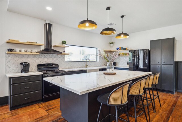 1920 Fulton St, Houston, TX 77009 - kitchen featuring open shelves, black appliances, ventilation hood, and dark wood-style flooring