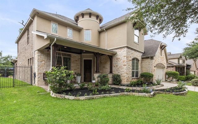 view of front of house featuring fence, stone siding, a garage, stucco siding, and a front yard