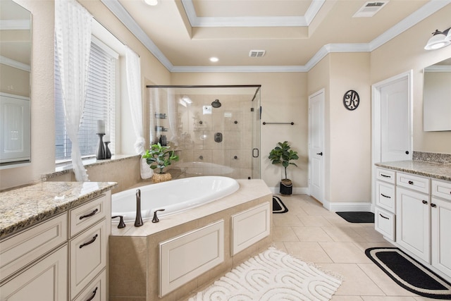 full bath with crown molding, a shower stall, a bath, and visible vents