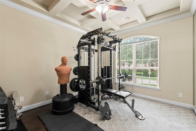 exercise room with visible vents, a ceiling fan, coffered ceiling, and baseboards