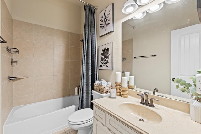full bath featuring toilet, shower / bath combination with curtain, tile patterned flooring, and vanity