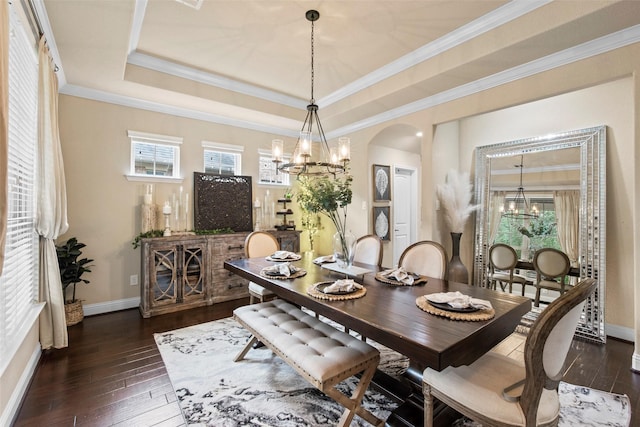 dining area with baseboards, arched walkways, dark wood-style flooring, and a notable chandelier