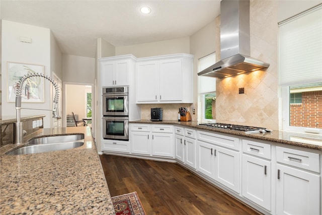 kitchen featuring white cabinets, a sink, dark wood finished floors, wall chimney range hood, and appliances with stainless steel finishes