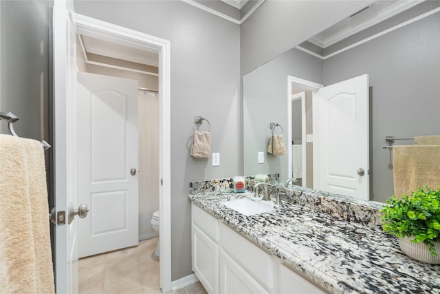 full bathroom with tile patterned flooring, crown molding, vanity, and toilet