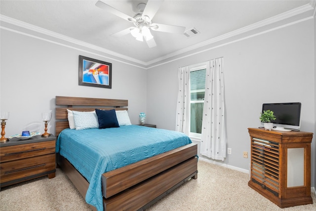 bedroom featuring visible vents, light carpet, crown molding, baseboards, and ceiling fan