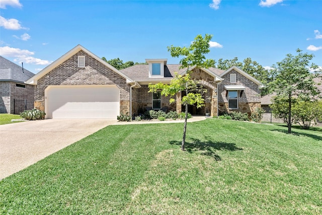 view of front of property with a front lawn, stone siding, concrete driveway, a garage, and brick siding
