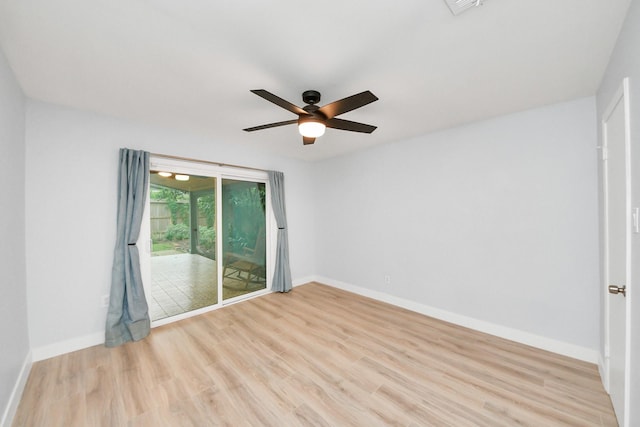 unfurnished room with baseboards, a ceiling fan, and light wood finished floors