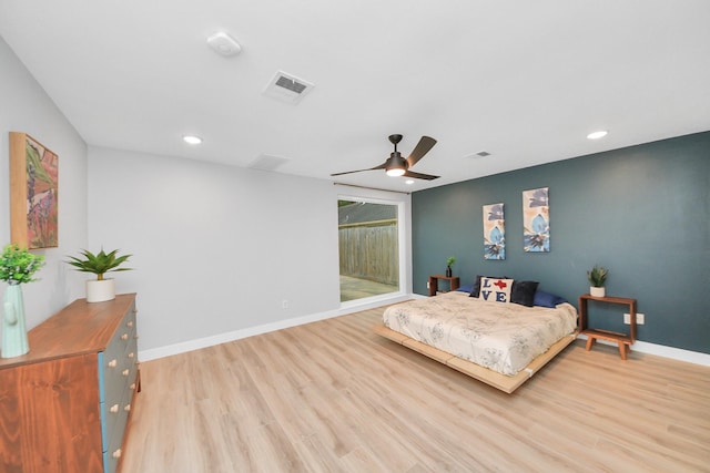 bedroom with recessed lighting, baseboards, visible vents, and light wood finished floors