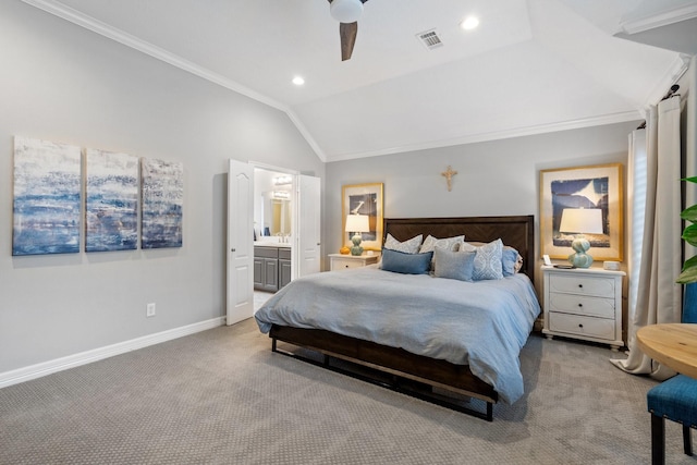 bedroom featuring visible vents, crown molding, lofted ceiling, baseboards, and carpet flooring
