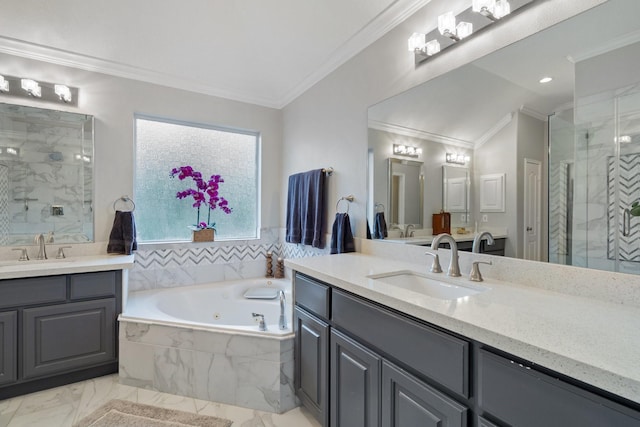full bath with crown molding, a shower stall, a sink, and marble finish floor