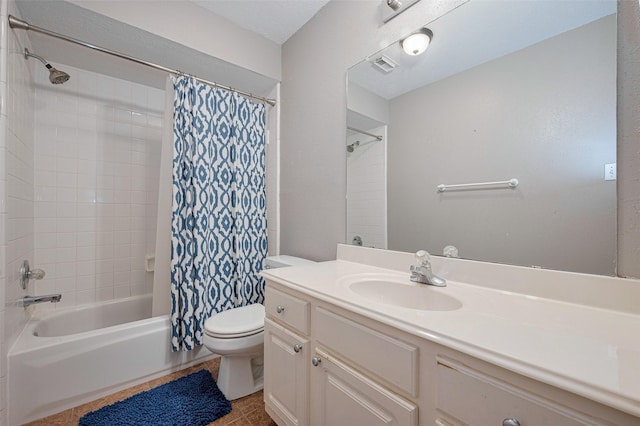 full bathroom featuring visible vents, vanity, tile patterned floors, toilet, and shower / bathtub combination with curtain