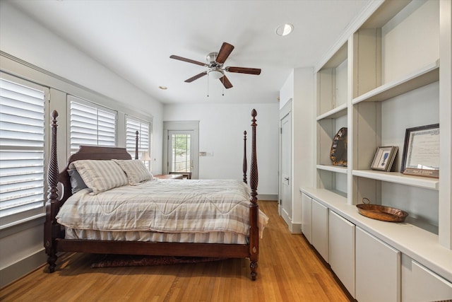 bedroom featuring recessed lighting, a ceiling fan, baseboards, and light wood-style floors