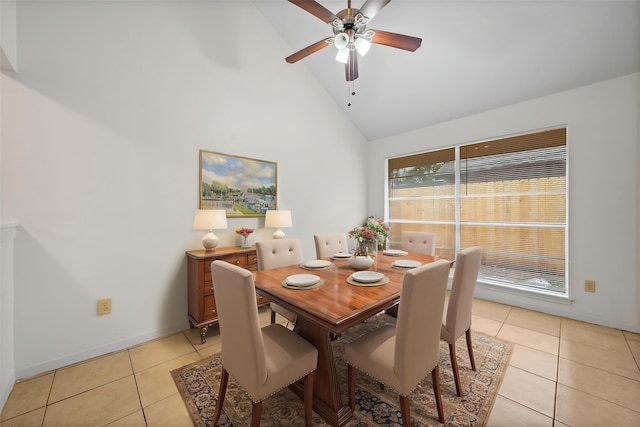 dining room with baseboards, high vaulted ceiling, ceiling fan, and light tile patterned floors