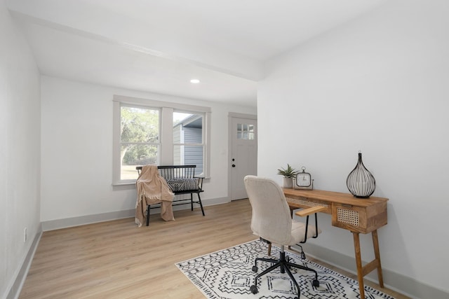 home office featuring baseboards, recessed lighting, and light wood-style floors
